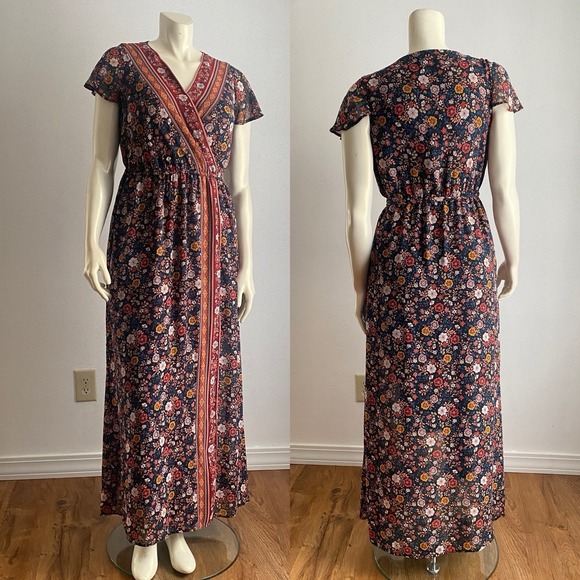 Xhilaration Dresses & Skirts - Xhilaration Dress Maxi Faux Wrap Boho/ Navy Abstract Print W/ Belt Large